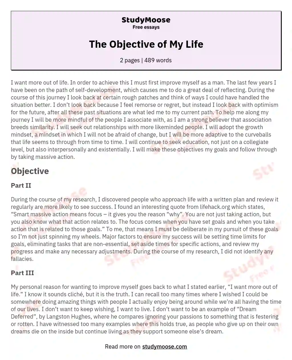 objective in life essay