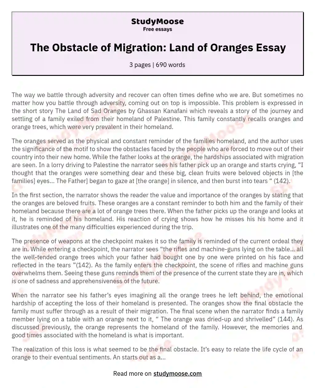 The Obstacle of Migration: Land of Oranges Essay