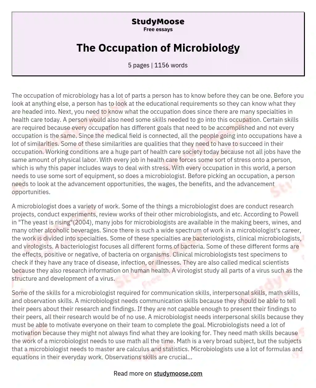The Occupation of Microbiology essay