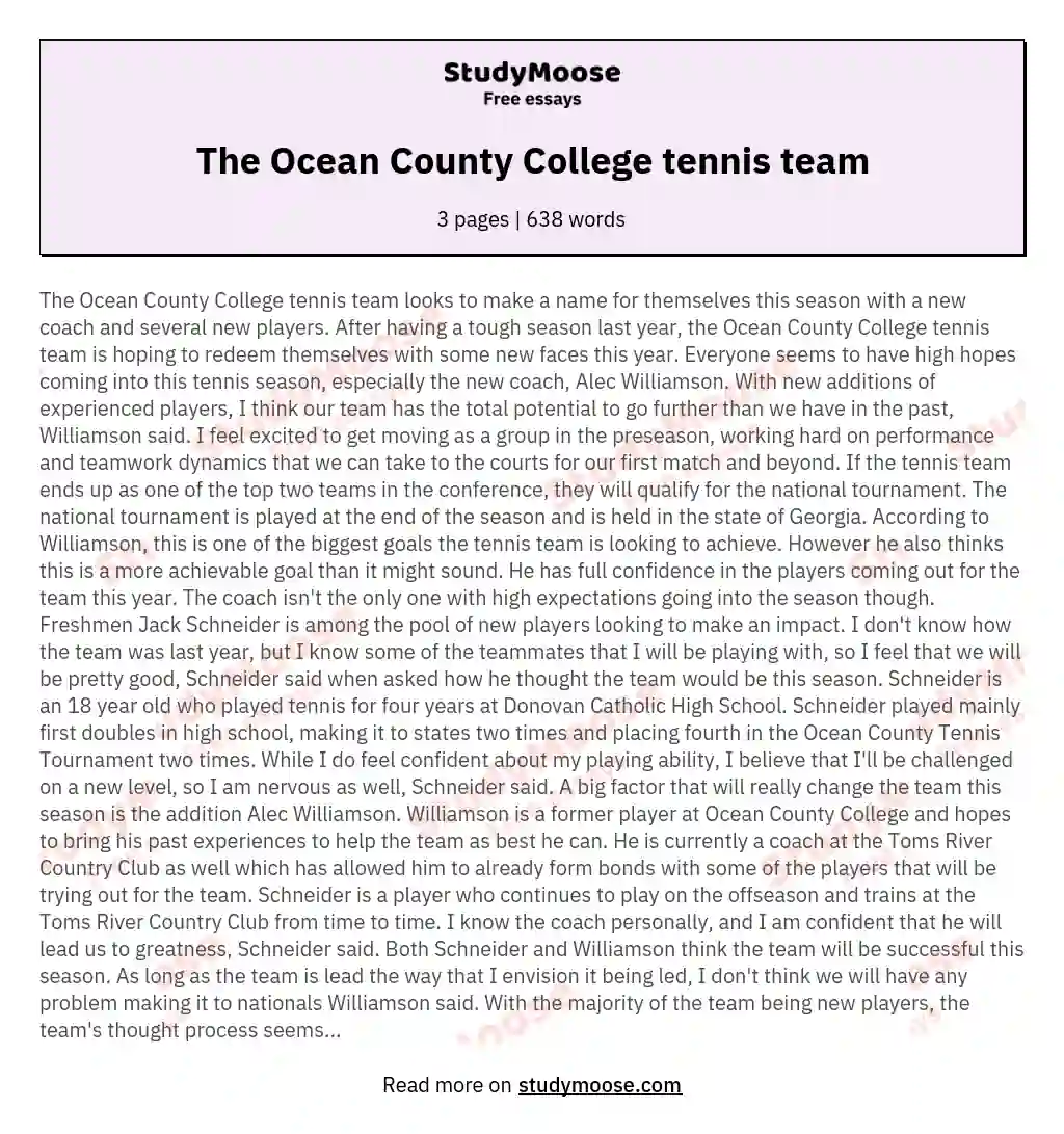 The Ocean County College tennis team essay