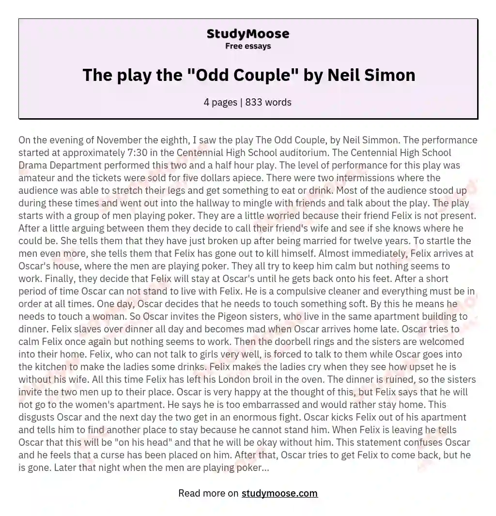 The play the "Odd Couple" by Neil Simon essay