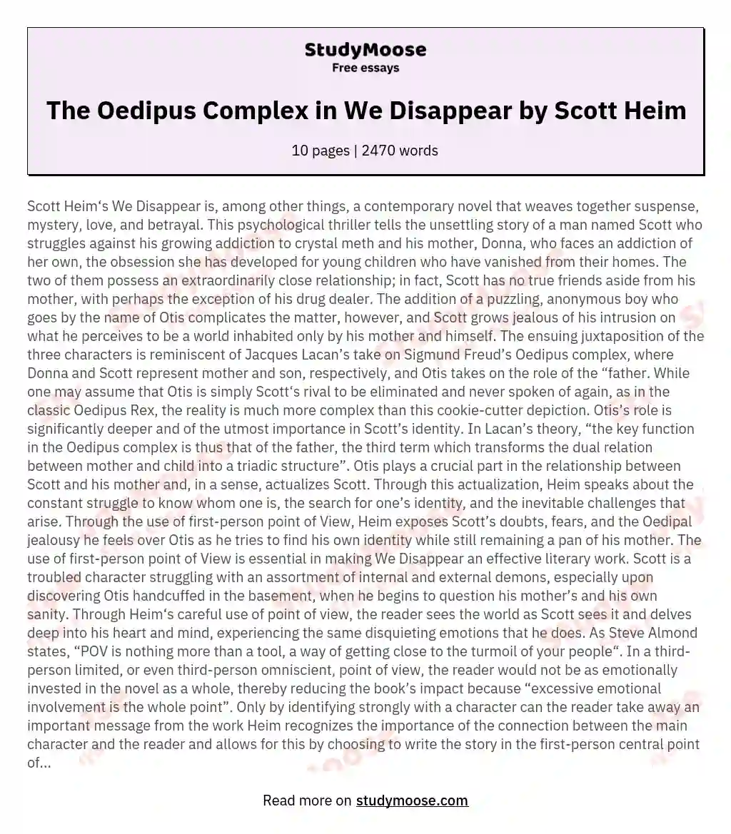 The Oedipus Complex in We Disappear by Scott Heim essay