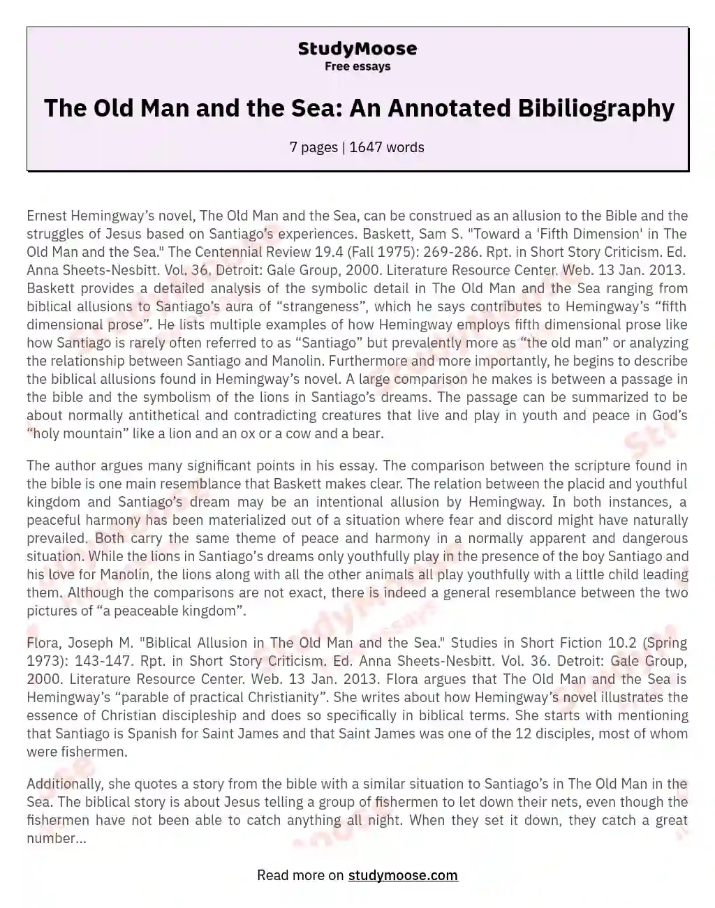 The Old Man and the Sea: An Annotated Bibiliography essay