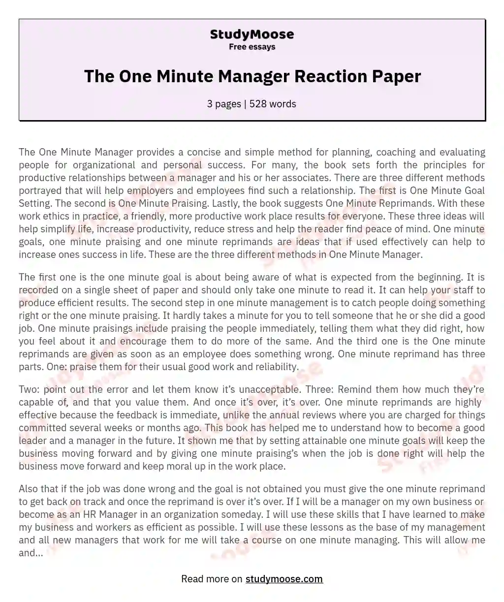The One Minute Manager Reaction Paper essay