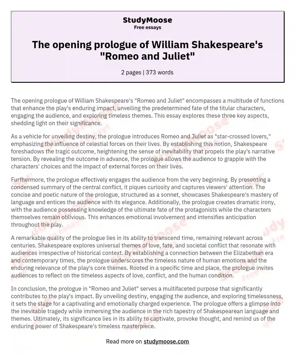 The opening prologue of William Shakespeare's "Romeo and Juliet" essay
