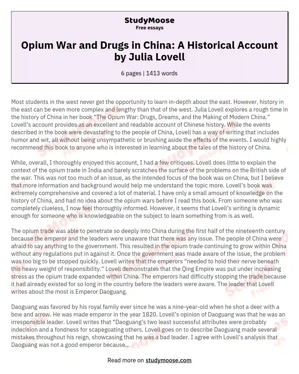 Opium War and Drugs in China: A Historical Account by Julia Lovell essay
