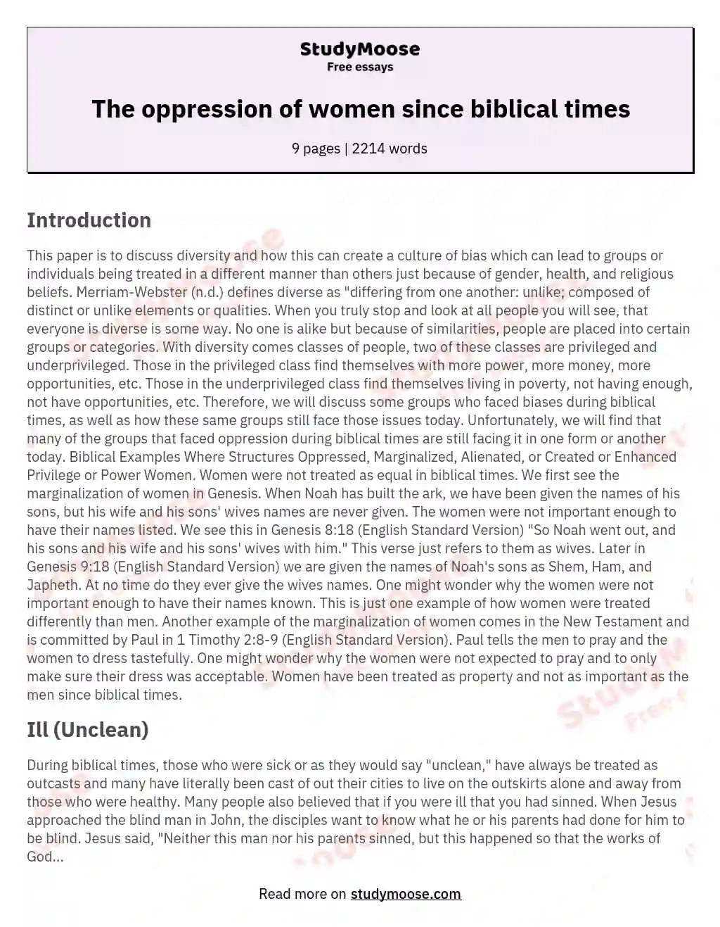 The oppression of women since biblical times essay