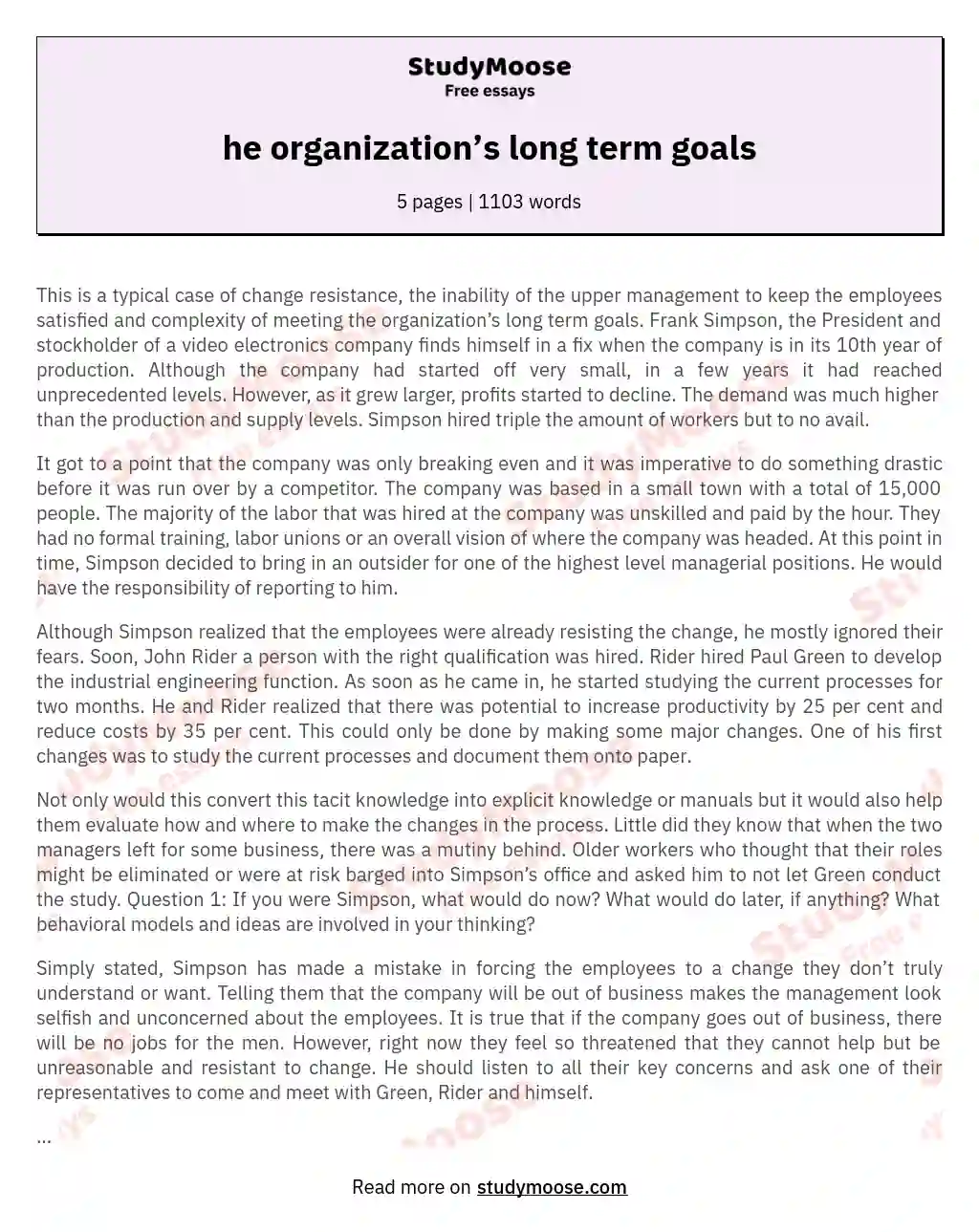 he organization’s long term goals essay