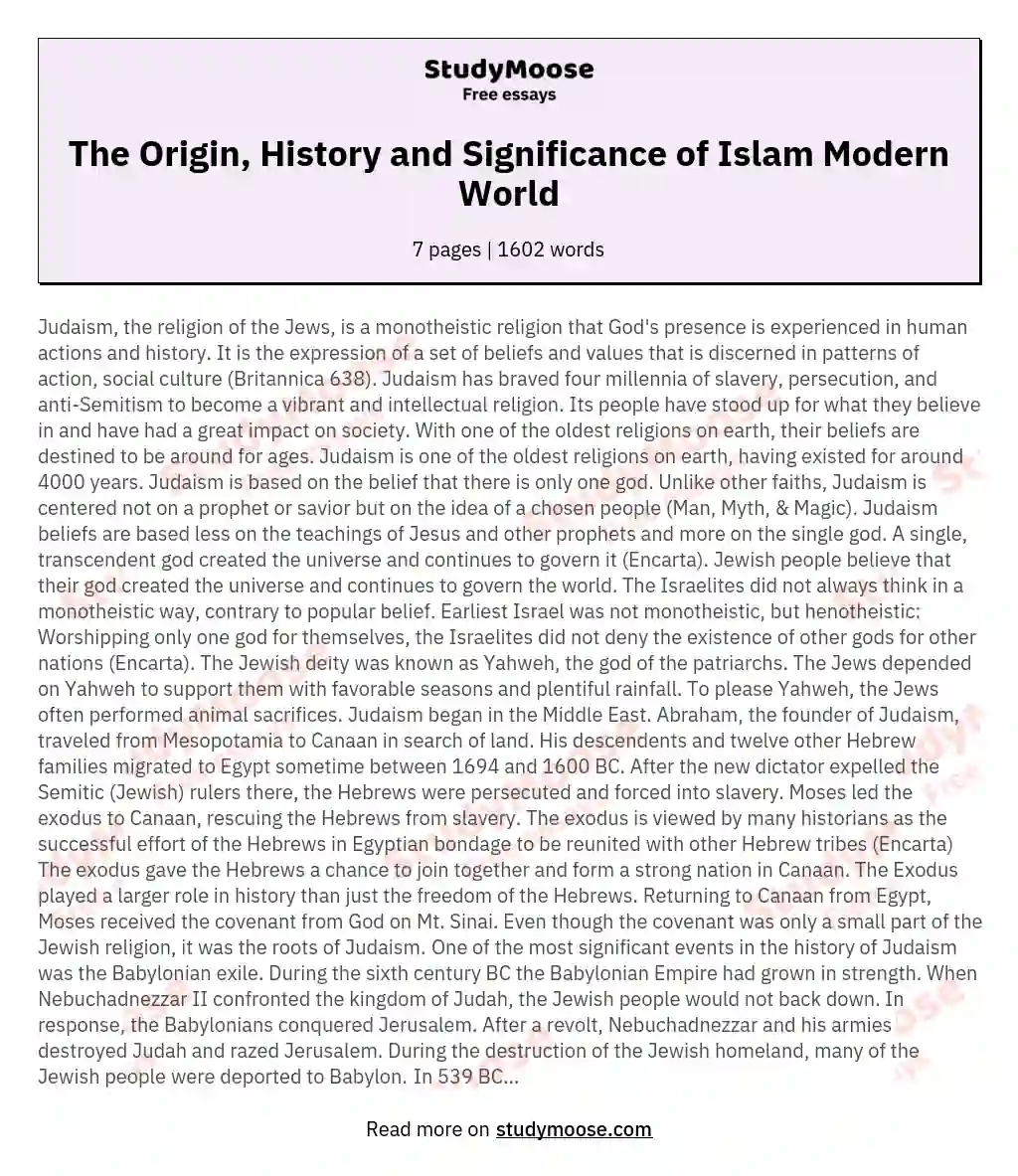 The Origin, History and Significance of Islam Modern World essay