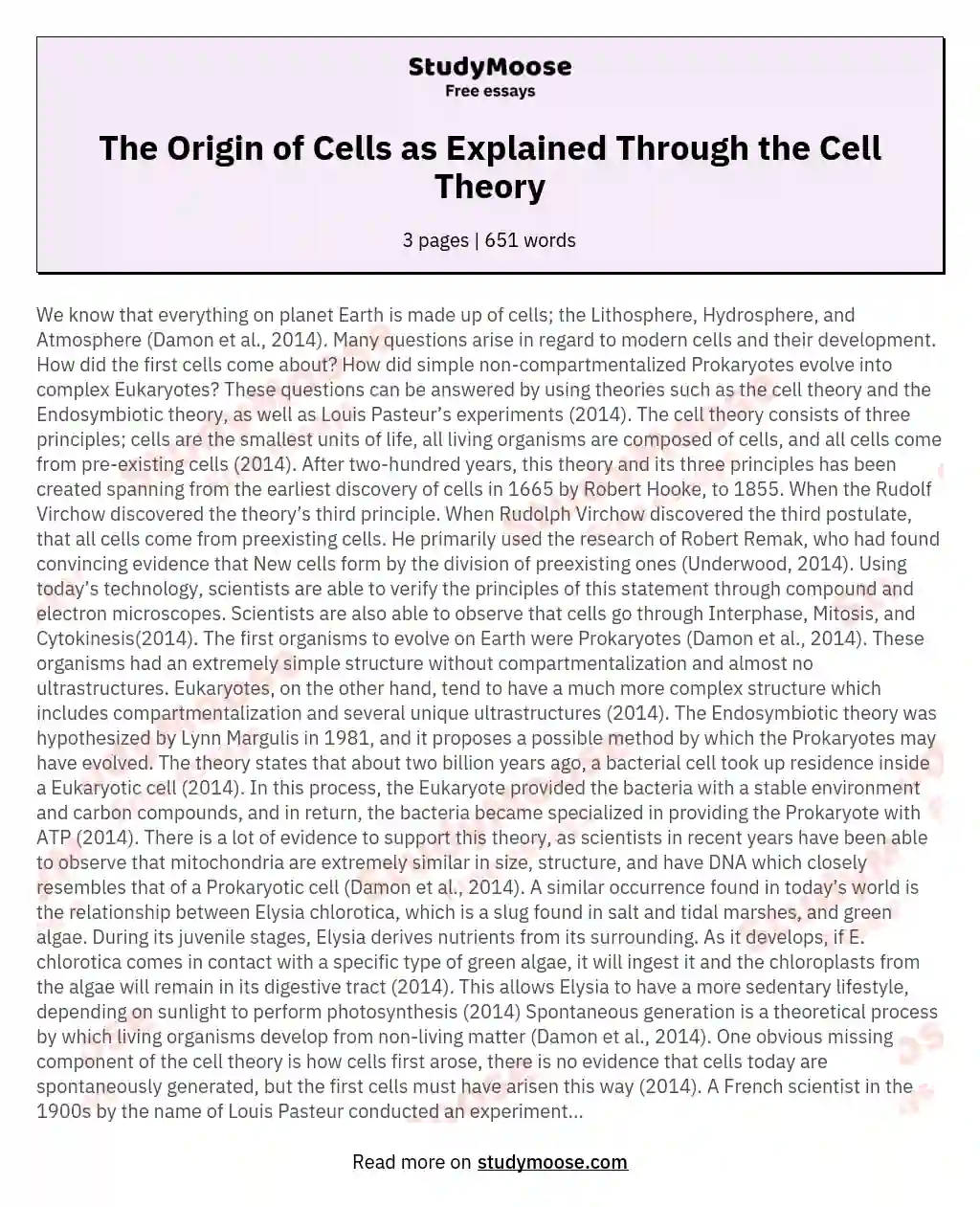 The Origin of Cells as Explained Through the Cell Theory