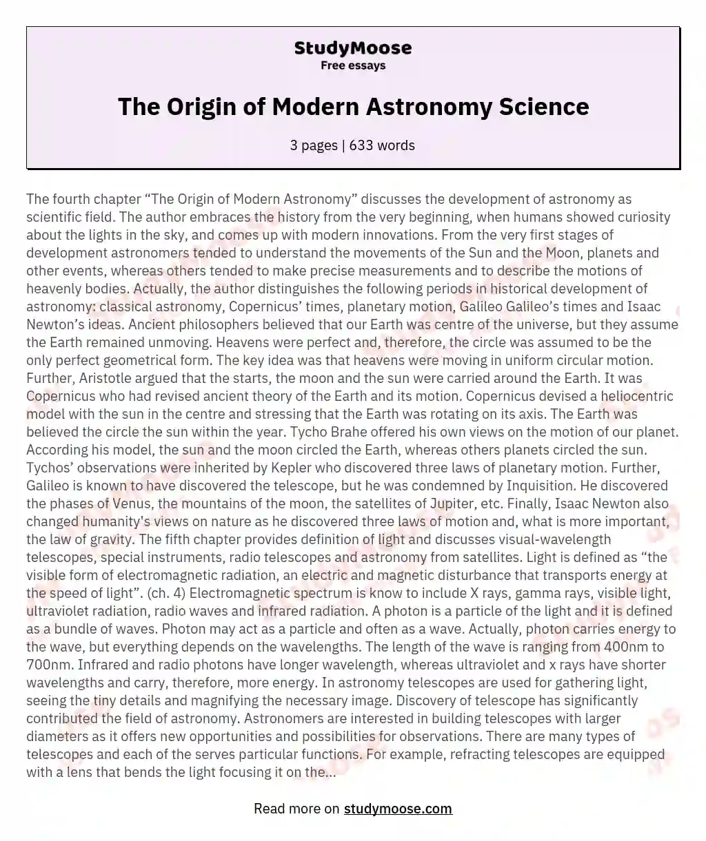 The Origin of Modern Astronomy Science