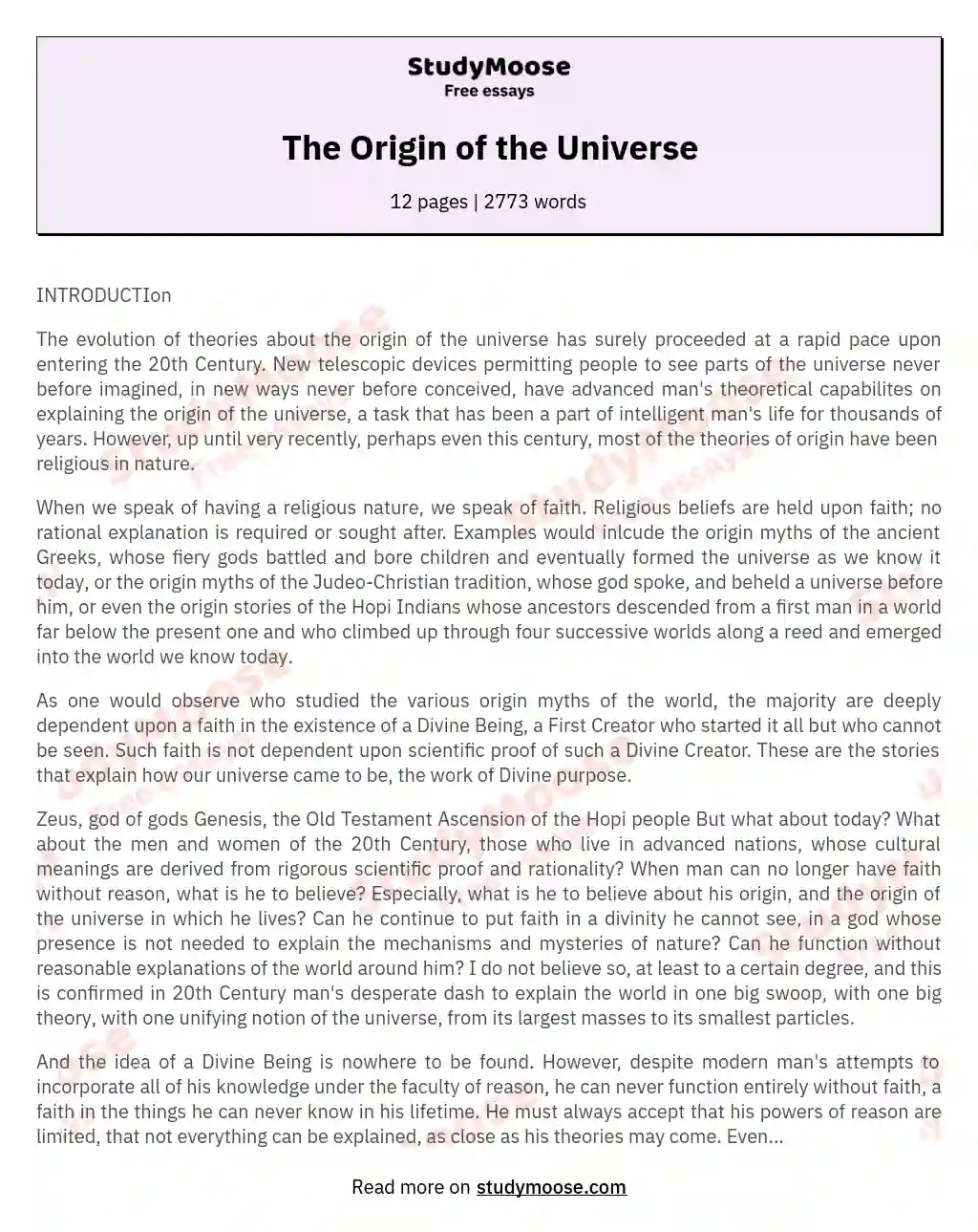 the origin of the universe essay 500 words