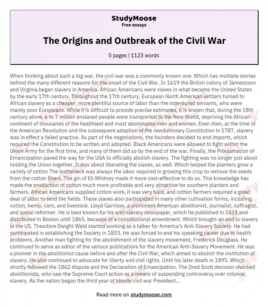 The Origins and Outbreak of the Civil War essay