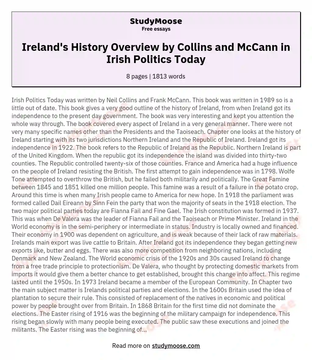 Ireland's History Overview by Collins and McCann in Irish Politics Today essay