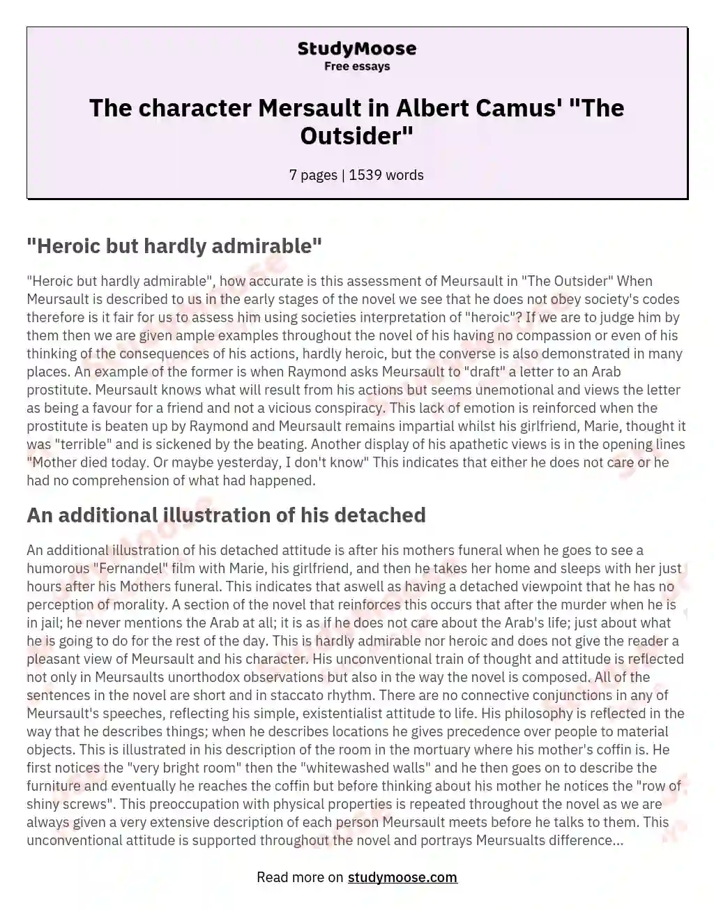 The character Mersault in Albert Camus' "The Outsider" essay
