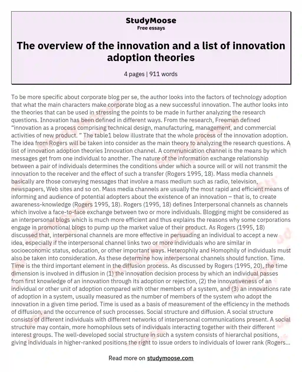 The overview of the innovation and a list of innovation adoption theories