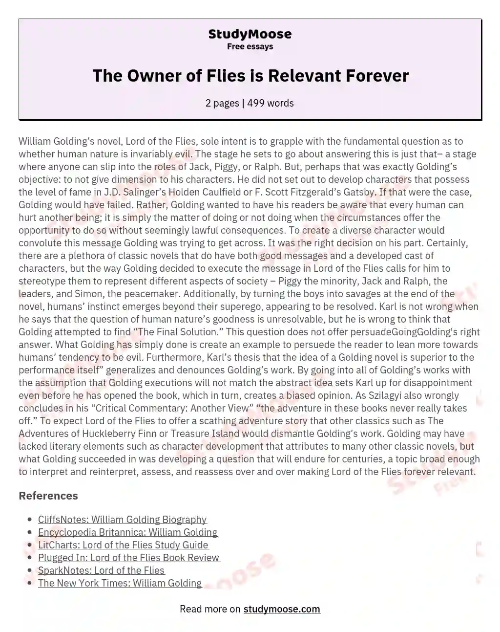 The Owner of Flies is Relevant Forever essay