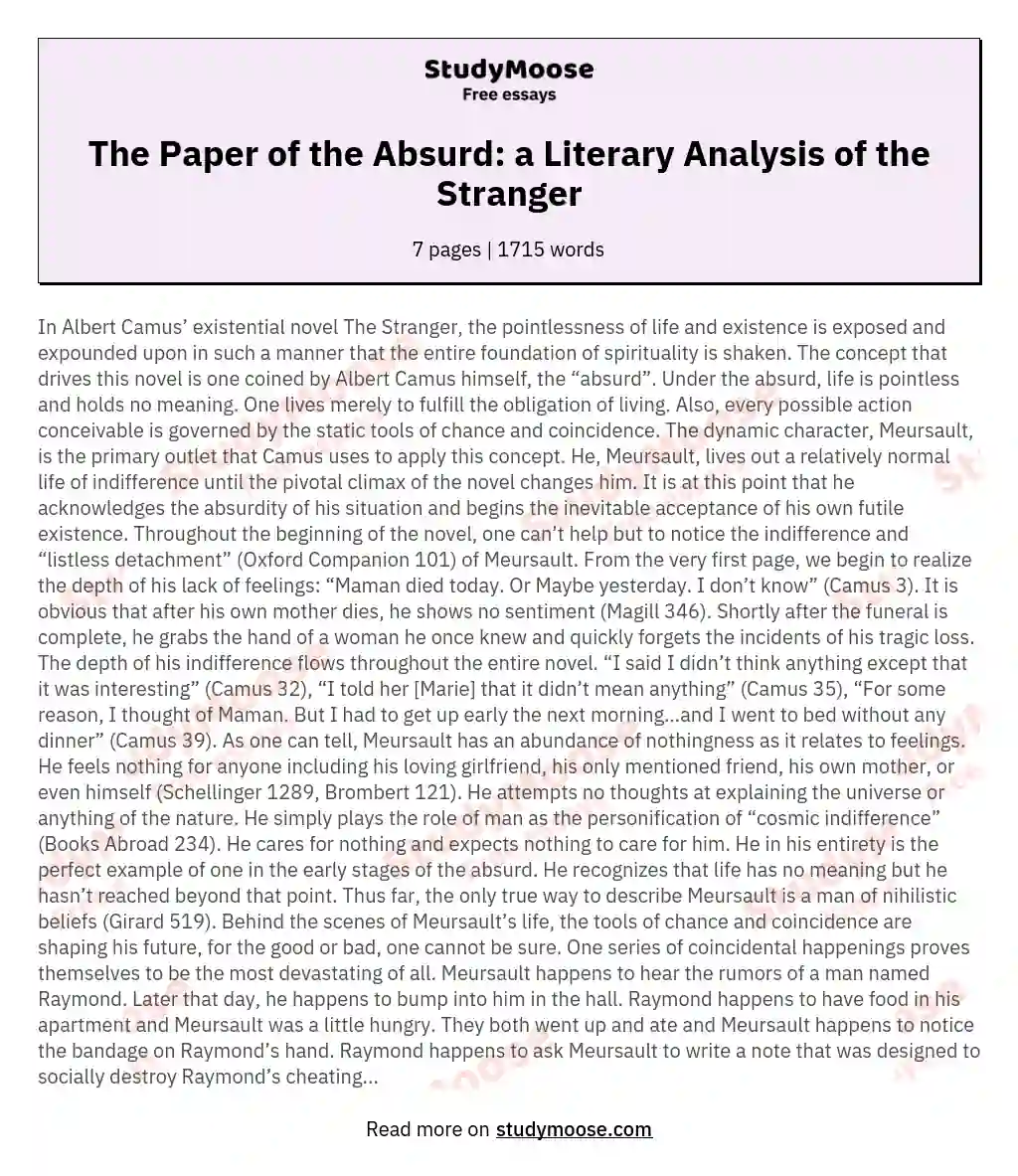 The Paper of the Absurd: a Literary Analysis of the Stranger essay
