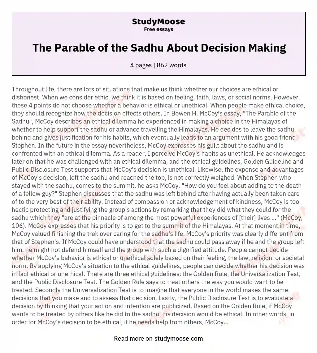 The Parable of the Sadhu About Decision Making essay