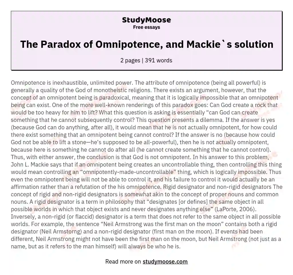 The Paradox of Omnipotence, and Mackie`s solution essay