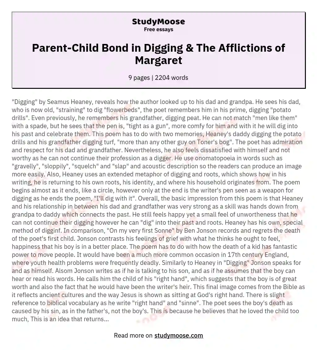 Parent-Child Bond in Digging & The Afflictions of Margaret essay