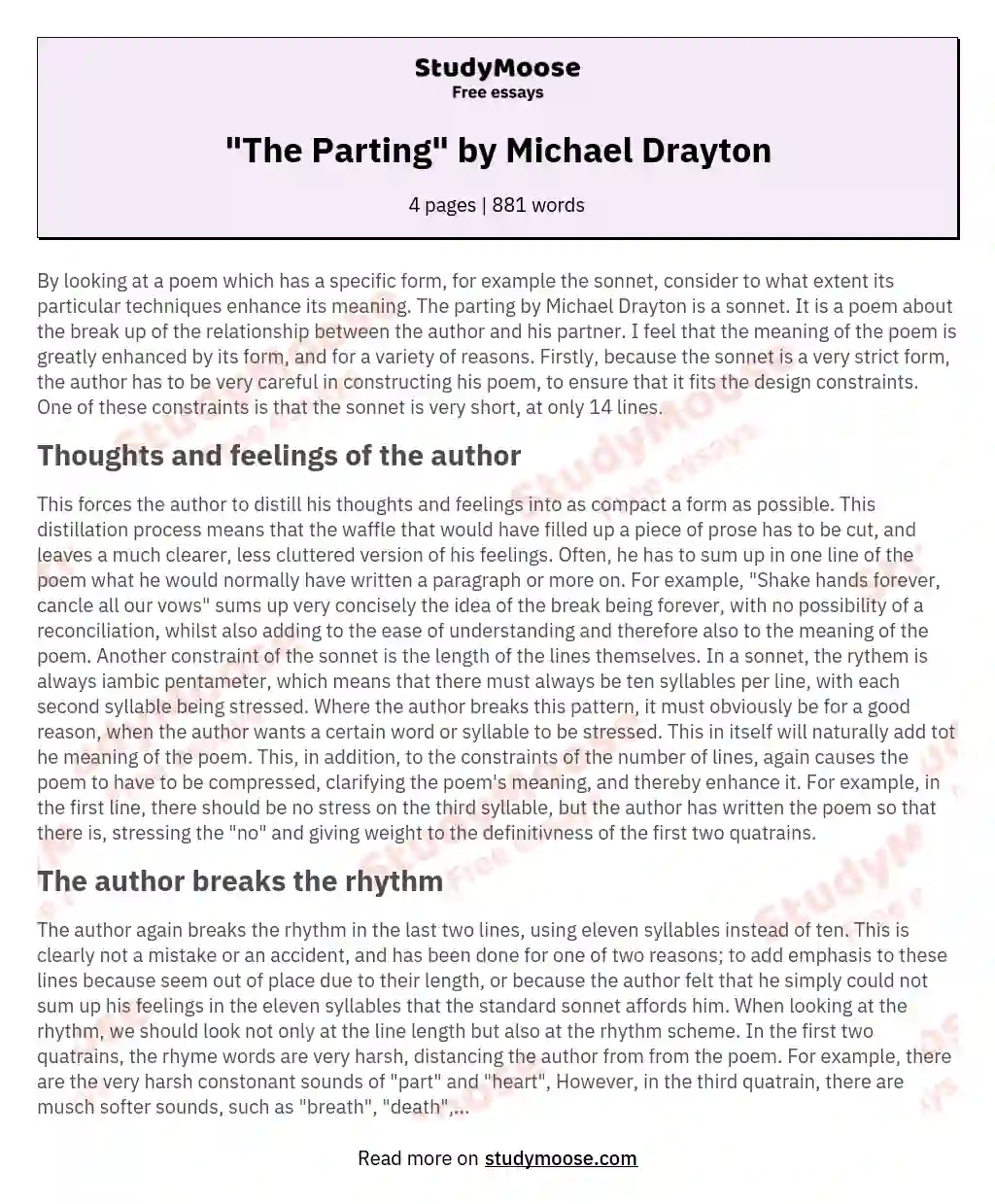 "The Parting" by Michael Drayton essay