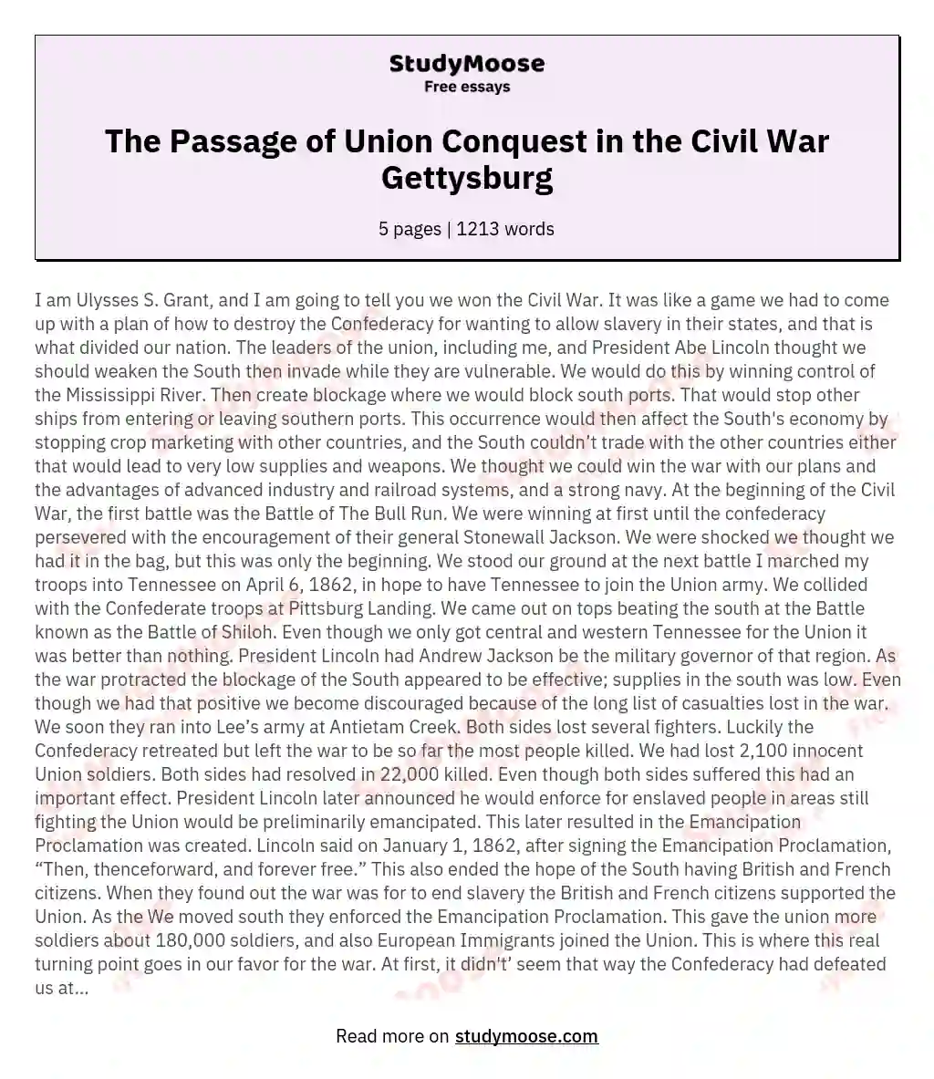 The Passage of Union Conquest in the Civil War Gettysburg essay