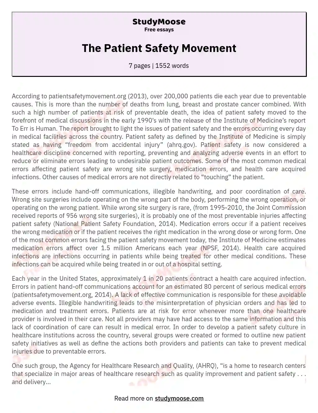 The Patient Safety Movement