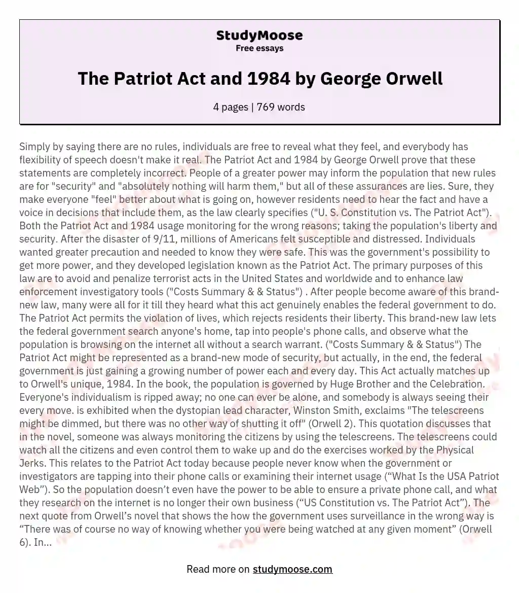 The Patriot Act and 1984 by George Orwell essay