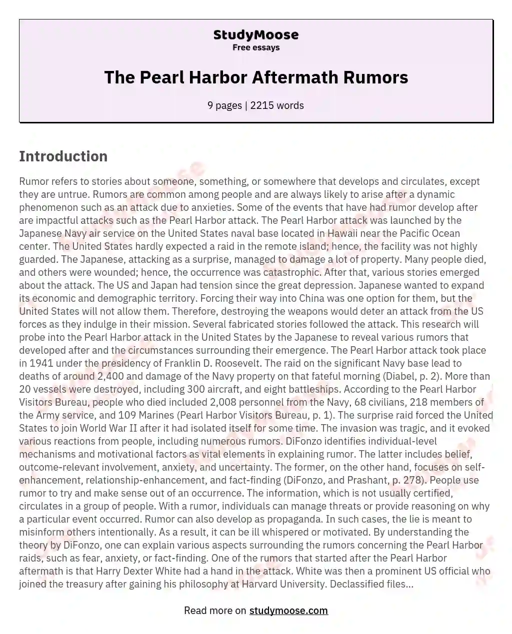 The Pearl Harbor Aftermath Rumors essay