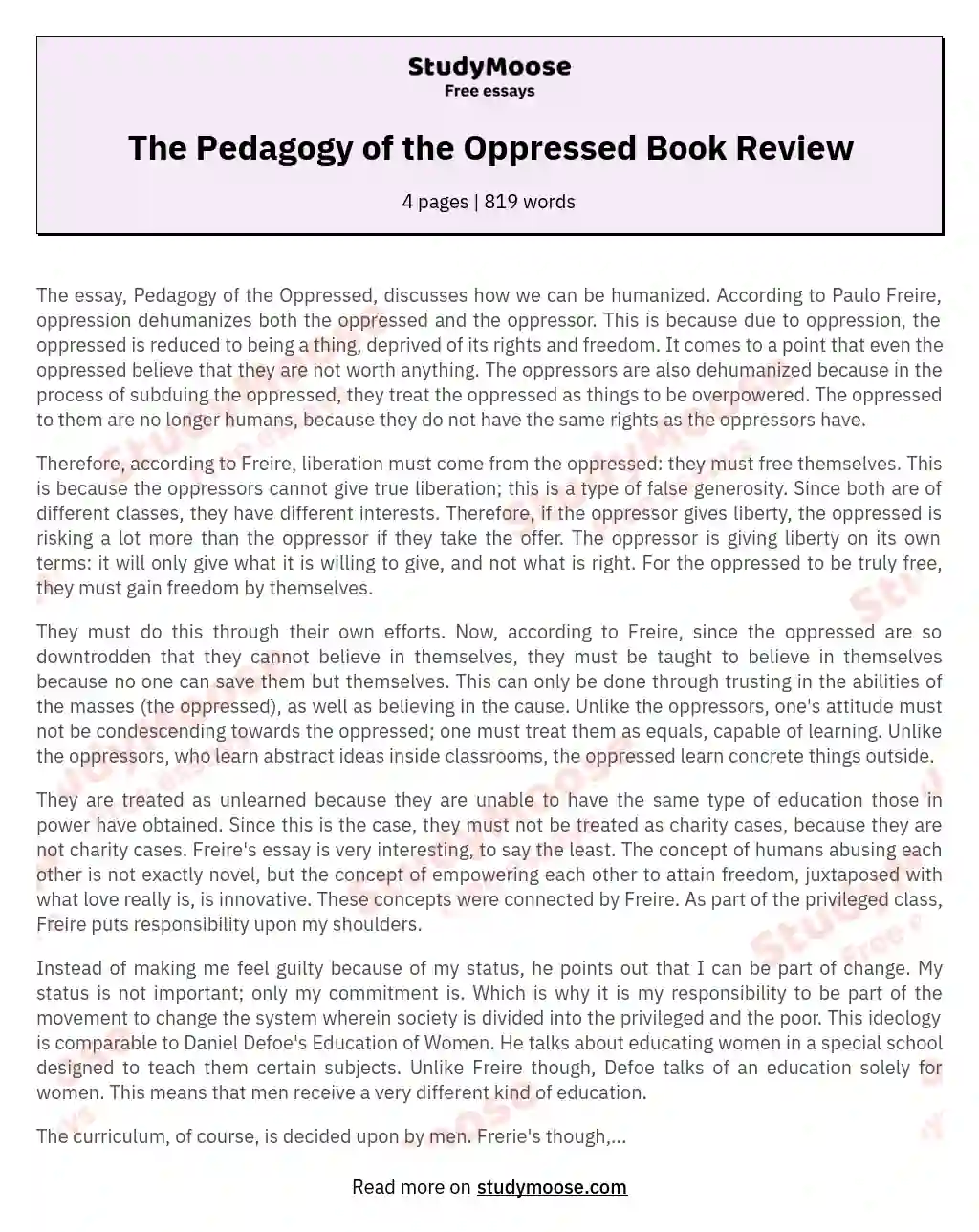 The Pedagogy of the Oppressed Book Review essay