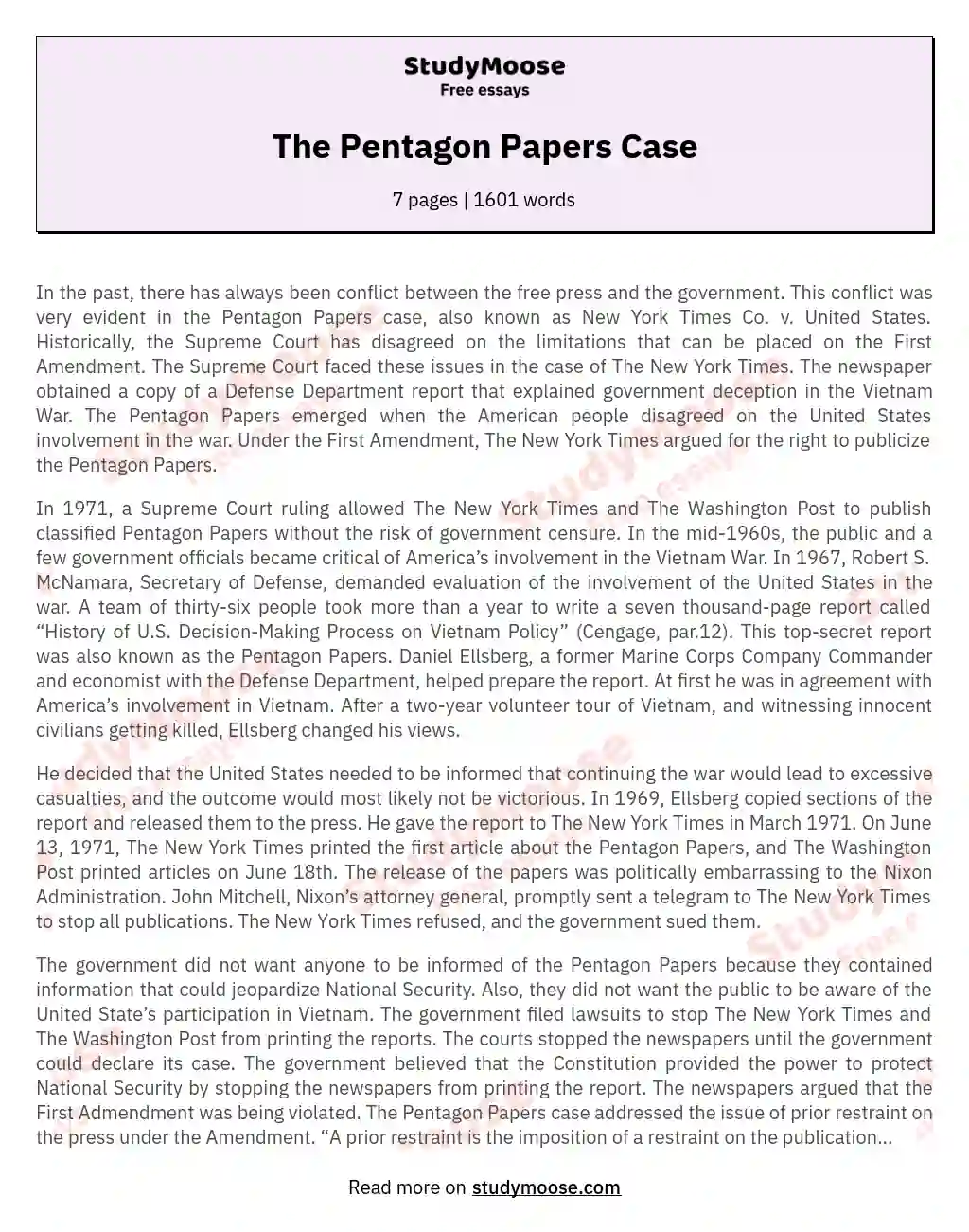The Pentagon Papers Case: Defending Press Freedom essay