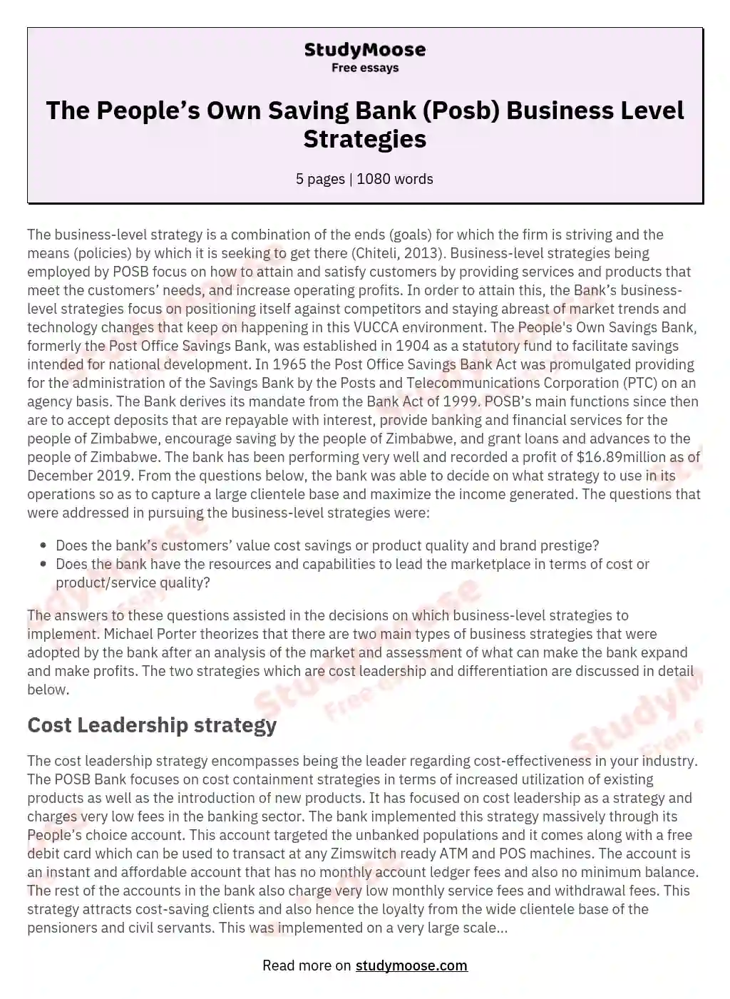 The People’s Own Saving Bank (Posb) Business Level Strategies essay