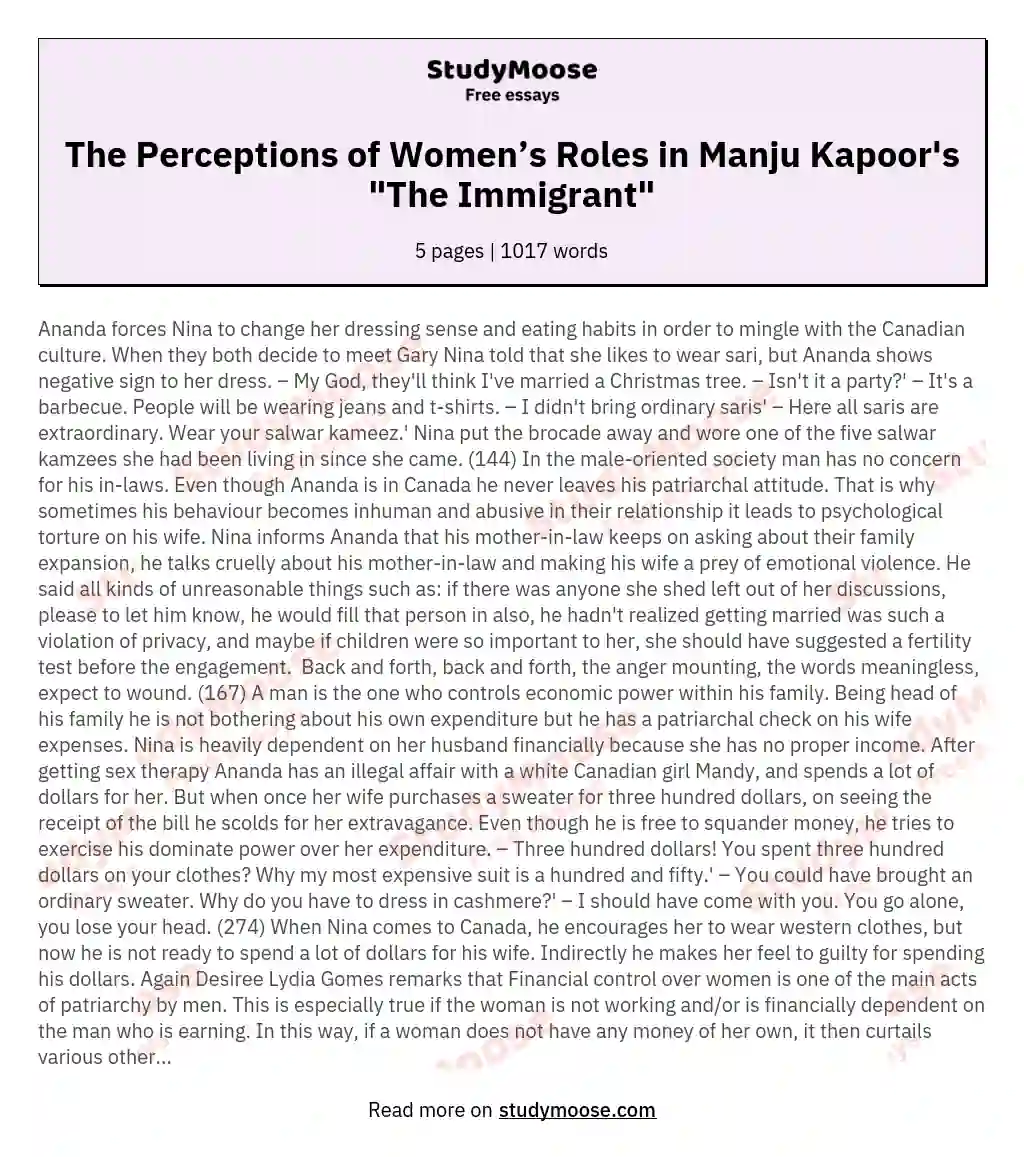 The Perceptions of Women’s Roles in Manju Kapoor's "The Immigrant" essay
