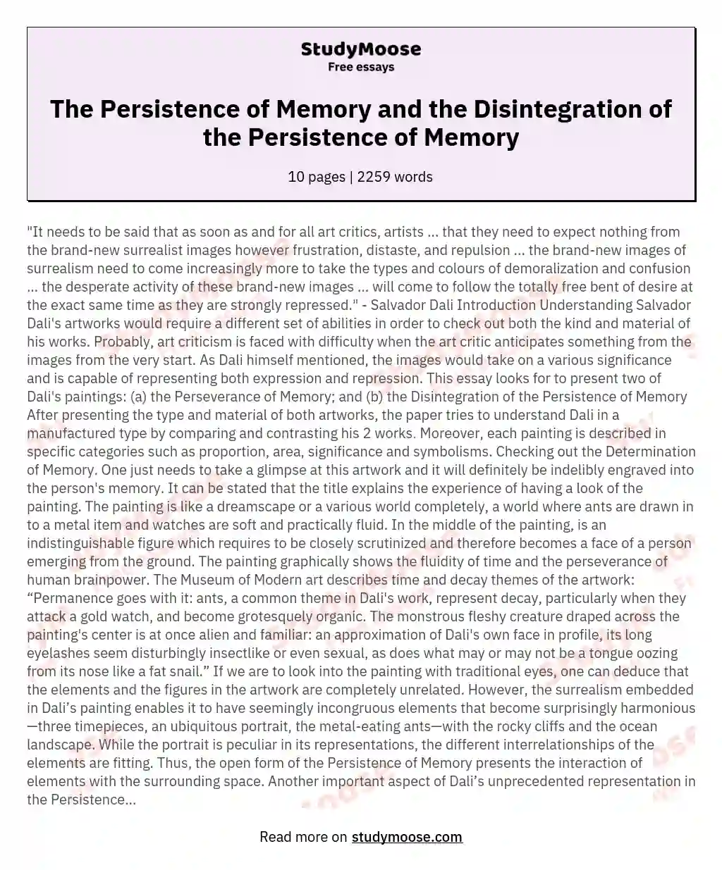 The Persistence of Memory and the Disintegration of the Persistence of Memory essay