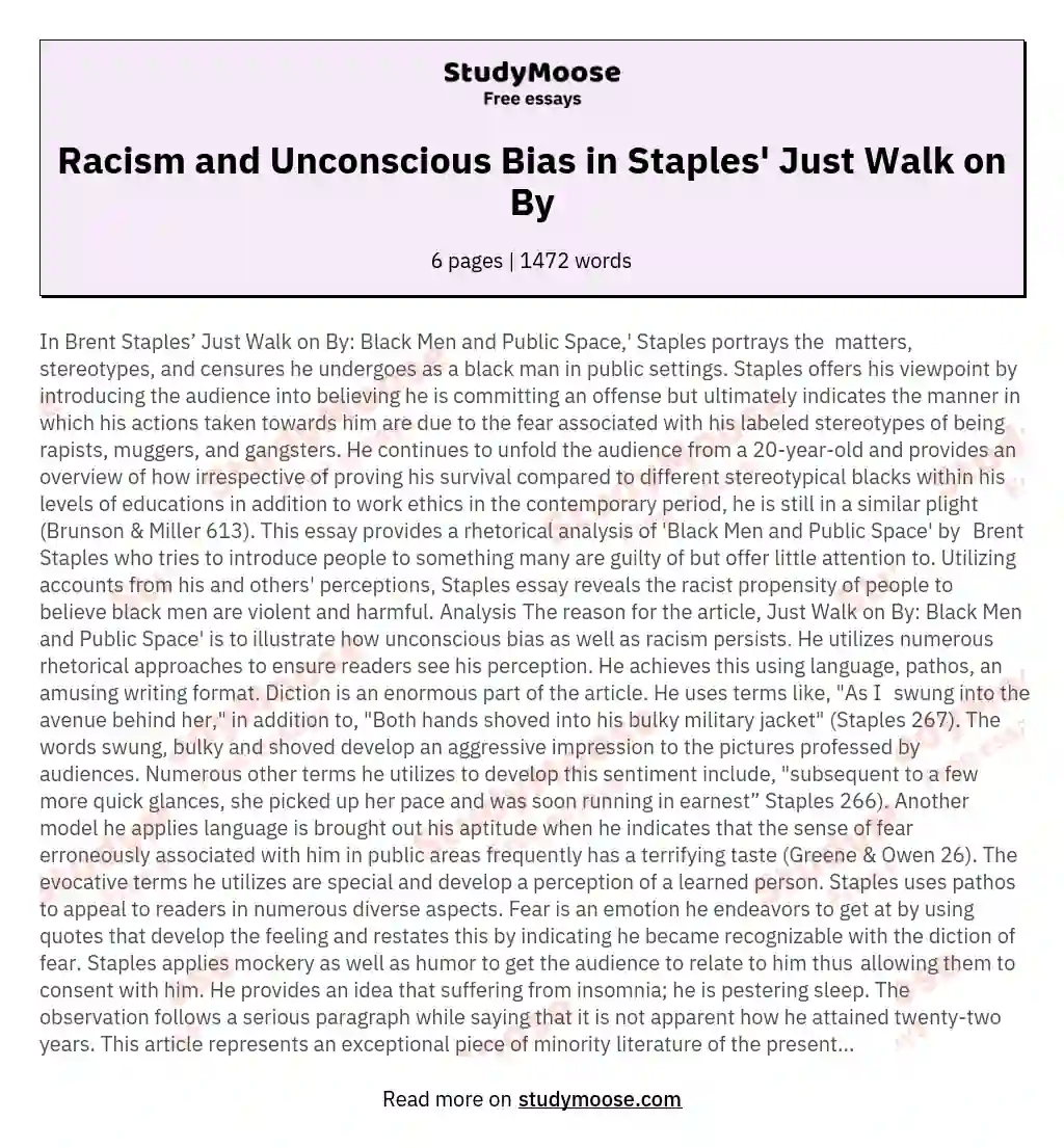 Racism and Unconscious Bias in Staples' Just Walk on By essay
