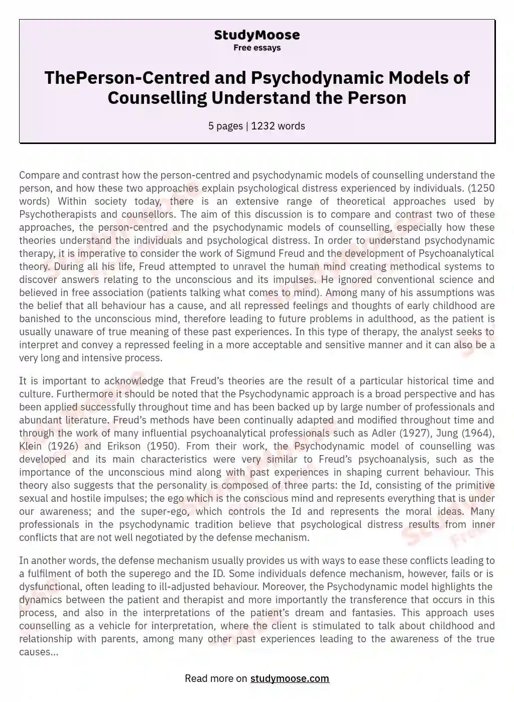 ThePerson-Centred and Psychodynamic Models of Counselling Understand the Person
