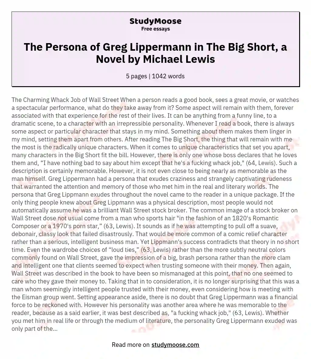 The Persona of Greg Lippermann in The Big Short, a Novel by Michael Lewis essay