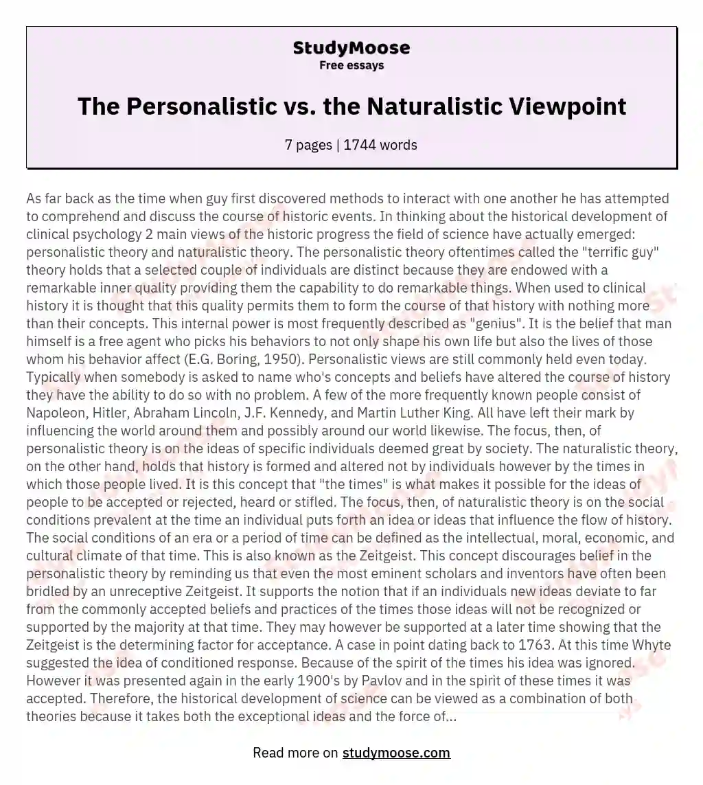 The Personalistic vs. the Naturalistic Viewpoint essay