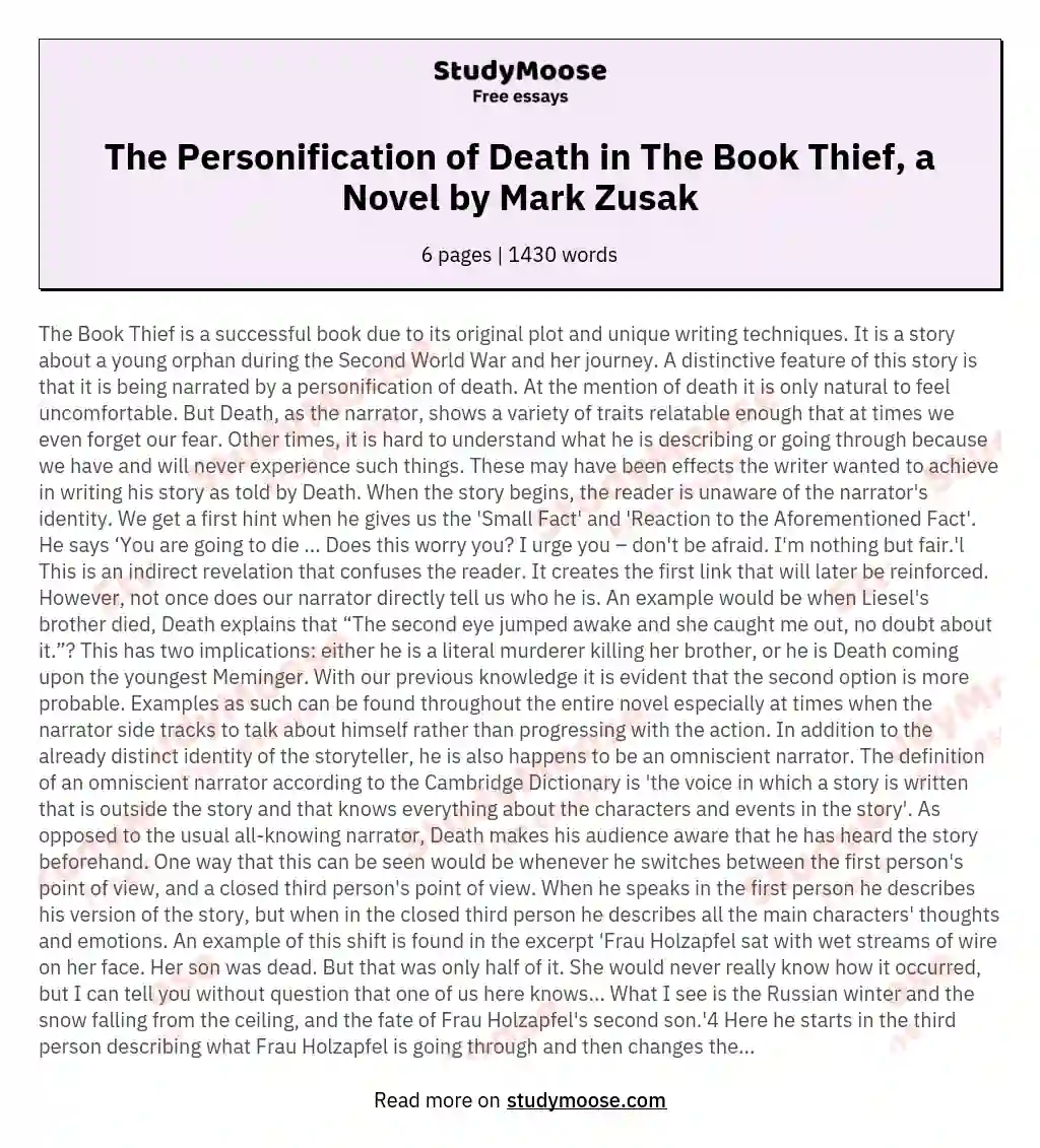 The Personification of Death in The Book Thief, a Novel by Mark Zusak