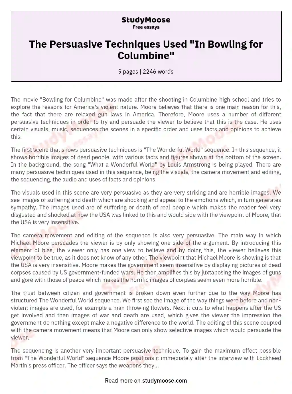 The Persuasive Techniques Used "In Bowling for Columbine" essay