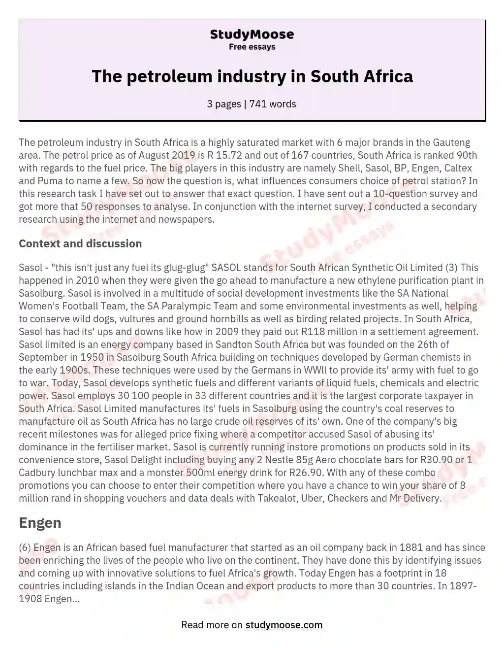 The petroleum industry in South Africa essay