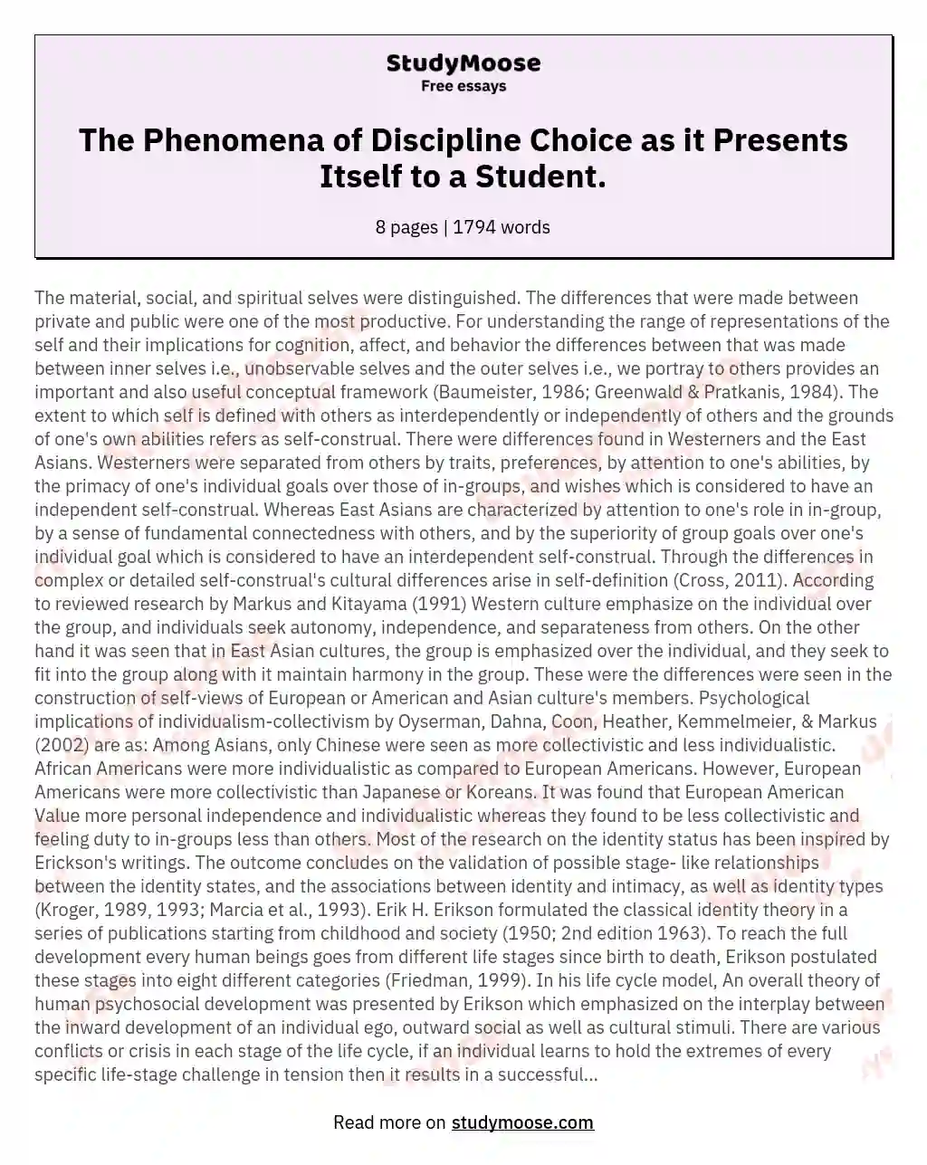 The Phenomena of Discipline Choice as it Presents Itself to a Student.