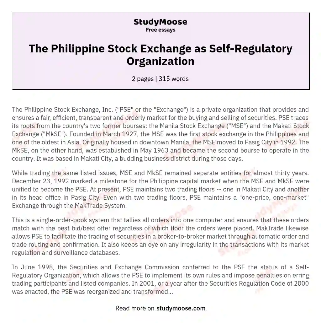 The Philippine Stock Exchange As Self Regulatory Organization Free Essay Example