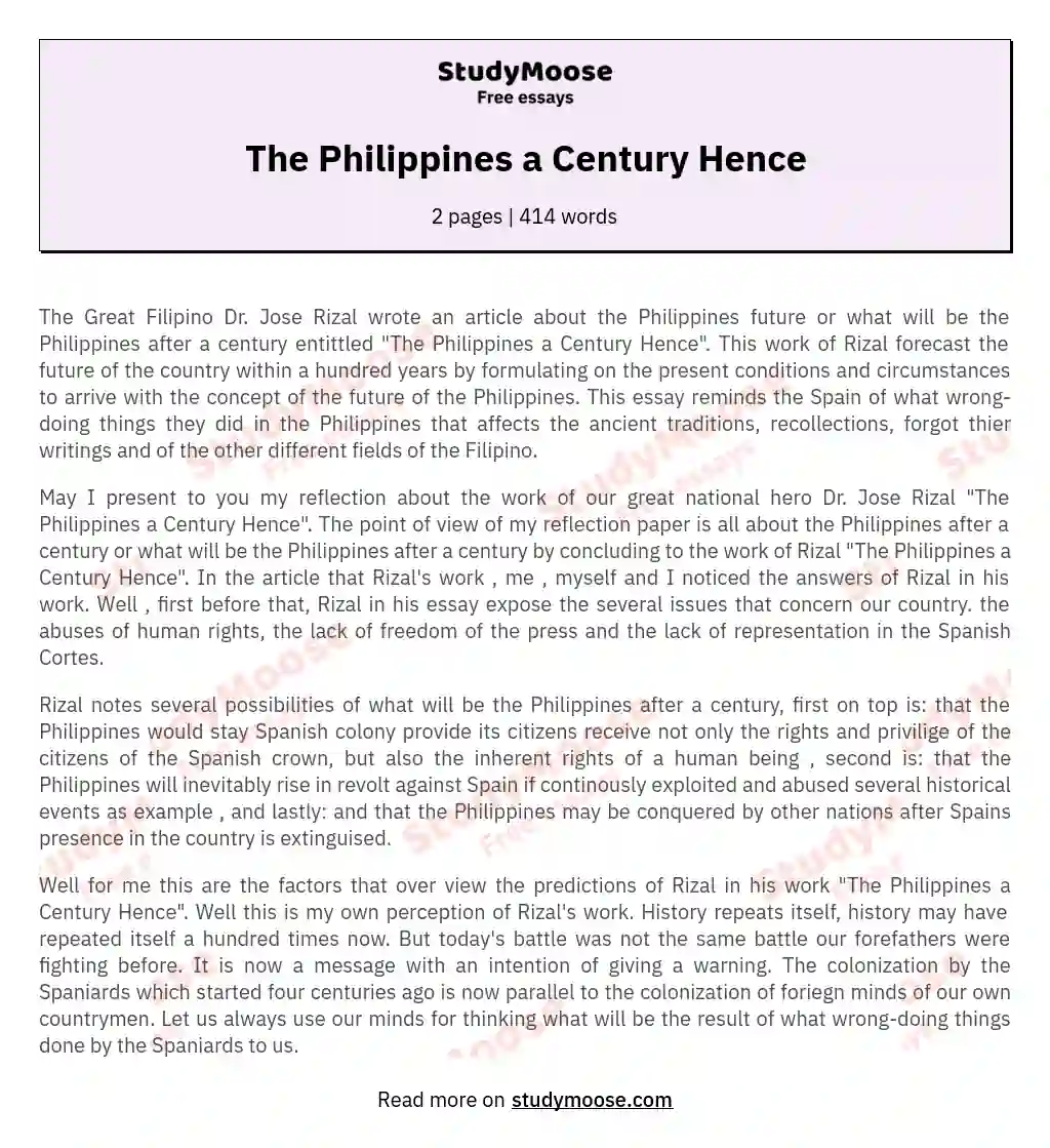 The Philippines a Century Hence essay