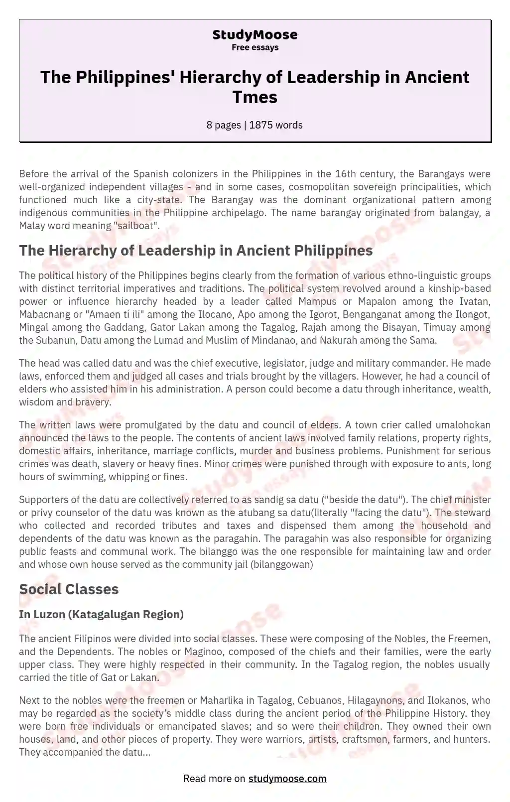 The Philippines' Hierarchy of Leadership in Ancient Tmes essay