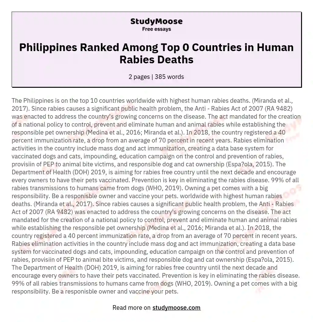 Philippines Ranked Among Top 0 Countries in Human Rabies Deaths essay