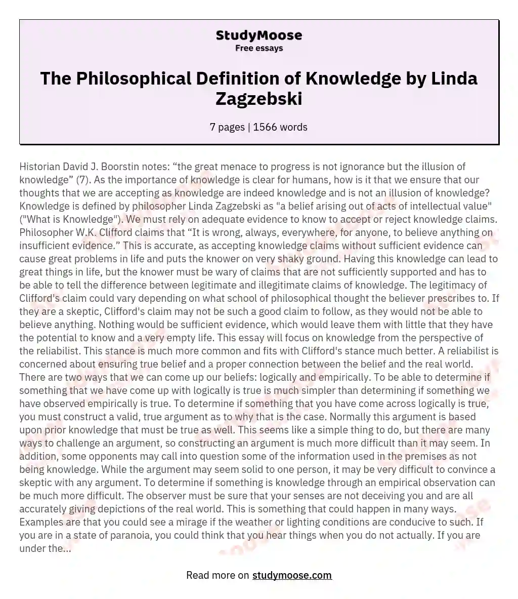 The Philosophical Definition of Knowledge by Linda Zagzebski essay