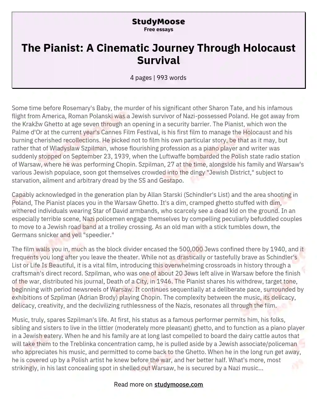 The Pianist: A Cinematic Journey Through Holocaust Survival essay