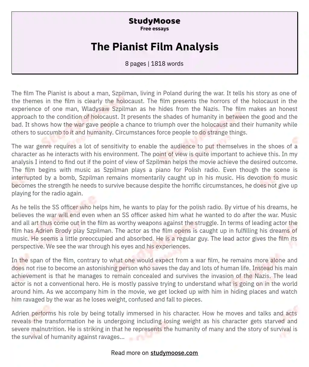 The Pianist Film Analysis essay